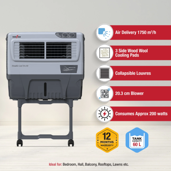 Kenstar Double Cool DX 60L Air Cooler with powerful airflow and wood wool cooling pads