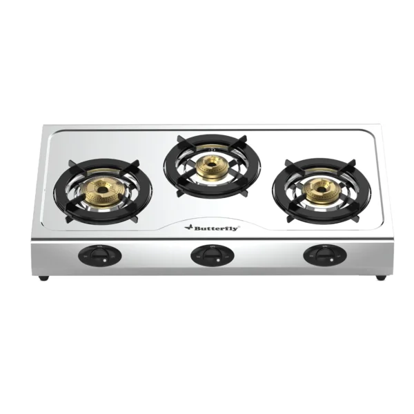 Butterfly Bolt 3 Burner Gas Stove – Stainless Steel, Jumbo Burner, Manual Ignition, ISI Certified, 3 Years Warranty