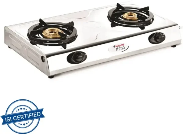 Butterfly Rhino 2 Burner Gas Stove – Stainless Steel, Manual Ignition, Brass Burners, ISI Certified, 3 Years Warranty